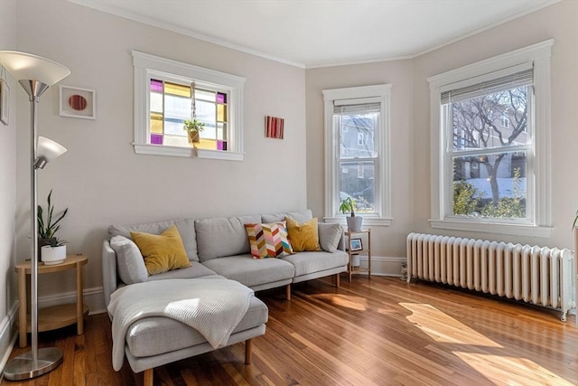 sitting room with radiator, baseboards, wood finished floors, and ornamental molding