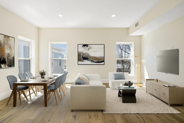 living room featuring light wood-type flooring and plenty of natural light