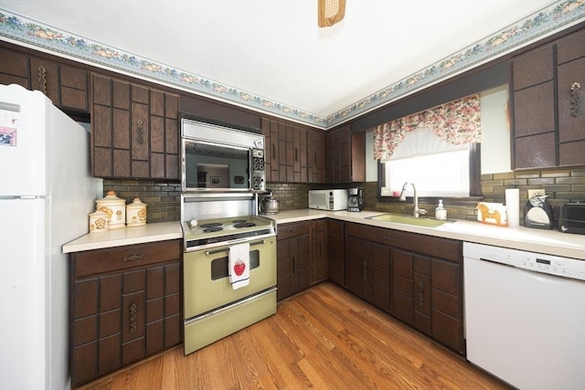 kitchen with light countertops, light wood-style flooring, a sink, dark brown cabinetry, and white appliances