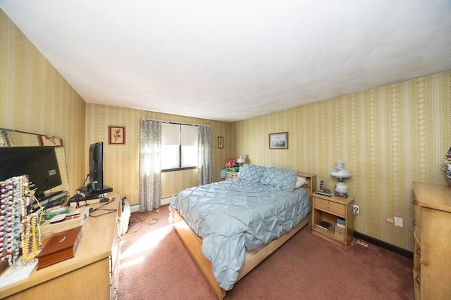 bedroom featuring baseboards, baseboard heating, carpet flooring, and wallpapered walls