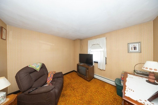 carpeted living area with wallpapered walls, baseboards, and baseboard heating