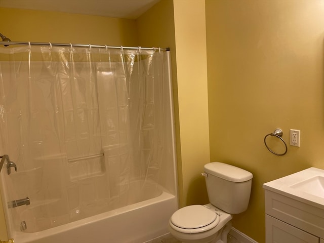 full bathroom with shower / tub combo, vanity, and toilet