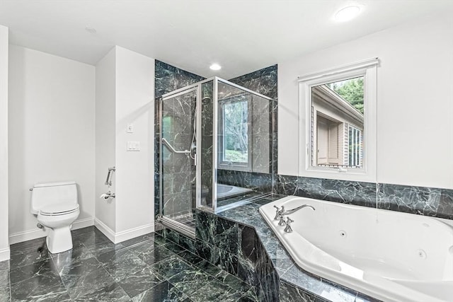 1205 Magnolia Dr Unit 1205, Wayland, MA 01778 - full bathroom featuring baseboards, toilet, a marble finish shower, marble finish floors, and a tub with jets