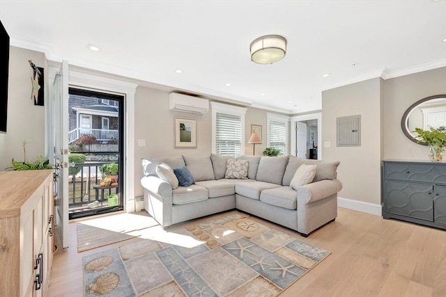 600 Shirley St Unit 3, Winthrop, MA 02152 - living area featuring an AC wall unit, light wood-type flooring, electric panel, ornamental molding, and recessed lighting
