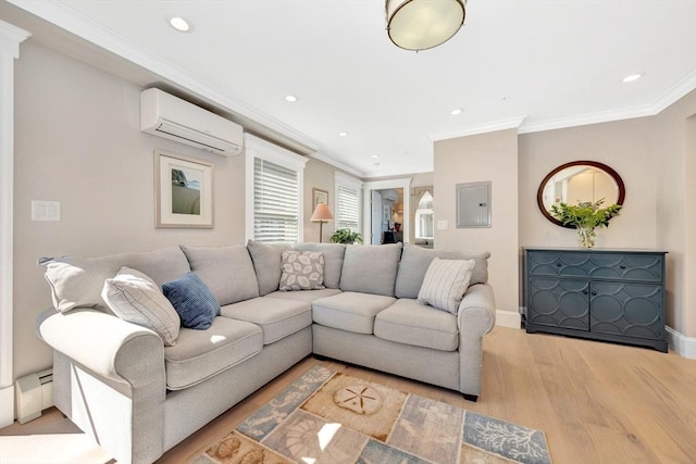 600 Shirley St Unit 3, Winthrop, MA 02152 - living room with a wall mounted AC, wood finished floors, ornamental molding, electric panel, and recessed lighting