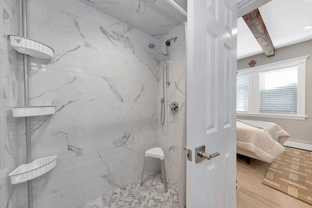 600 Shirley St Unit 3, Winthrop, MA 02152 - full bathroom featuring a marble finish shower, wood finished floors, connected bathroom, and baseboard heating