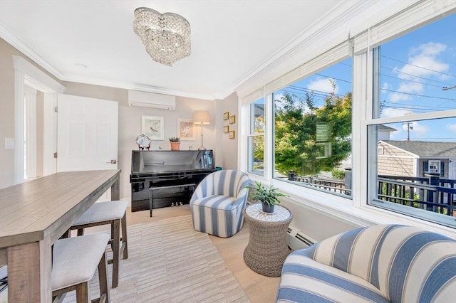 600 Shirley St Unit 3, Winthrop, MA 02152 - living area featuring a wall mounted air conditioner, ornamental molding, baseboard heating, a chandelier, and wood finished floors