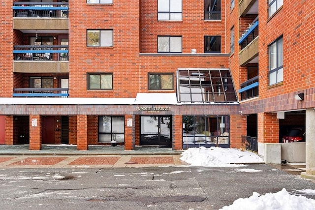 view of snow covered building