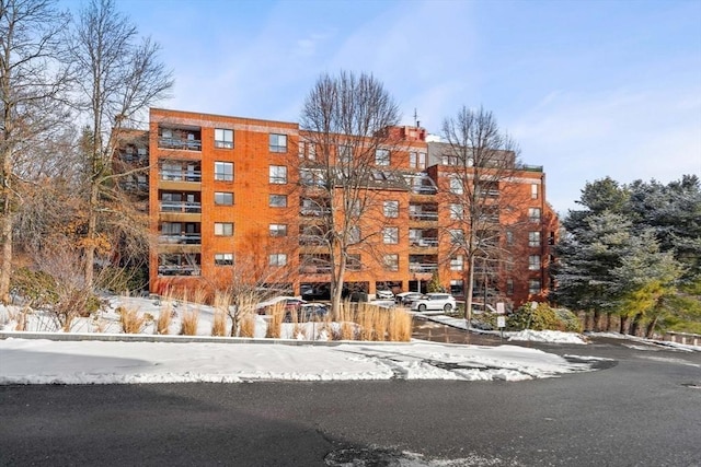 view of snow covered building