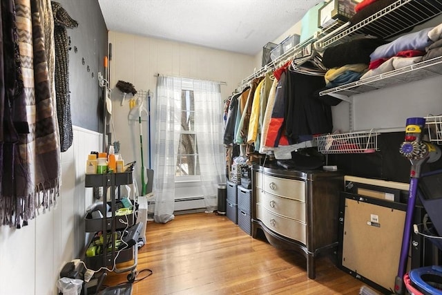 spacious closet featuring a baseboard radiator and light wood finished floors