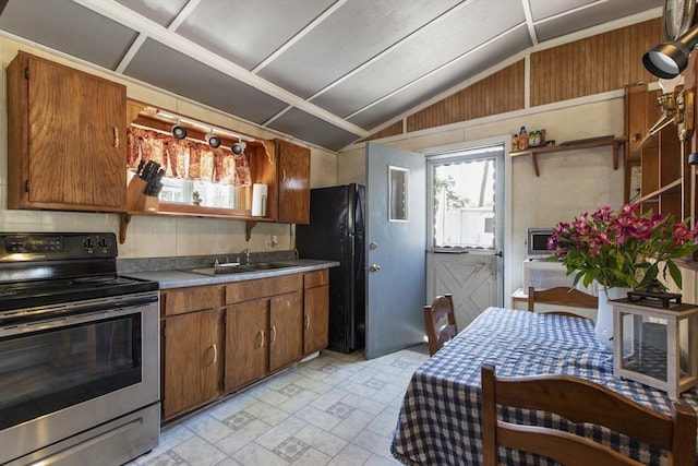 kitchen featuring a sink, vaulted ceiling, electric range, and a wealth of natural light