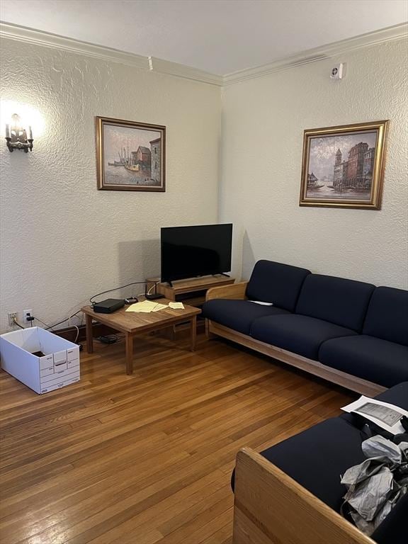 living room featuring hardwood / wood-style floors and ornamental molding