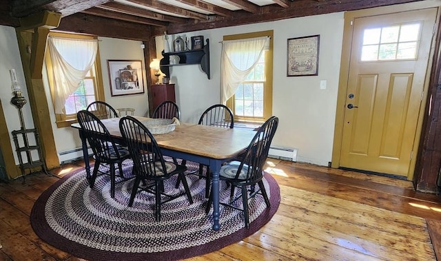5 Putnam Hill Rd, Sutton, MA 01590 - dining room with hardwood / wood-style floors, baseboard heating, plenty of natural light, and beamed ceiling