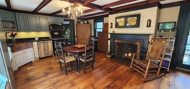 5 Putnam Hill Rd, Sutton, MA 01590 - dining room featuring wood-type flooring, a chandelier, plenty of natural light, beam ceiling, and coffered ceiling