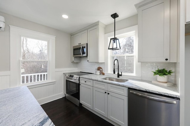 kitchen with dark wood-type flooring, a healthy amount of sunlight, sink, and stainless steel appliances