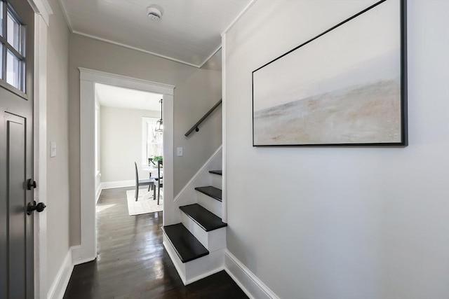 stairway with wood-type flooring and crown molding