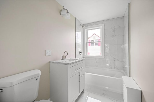 full bathroom with marble finish floors, toilet, and vanity