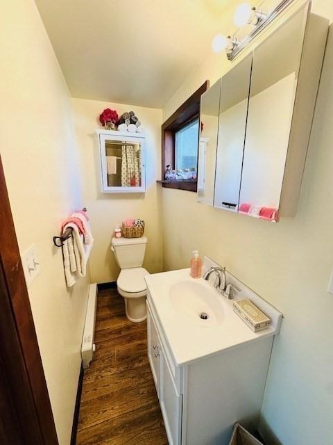 bathroom featuring toilet, wood finished floors, and vanity