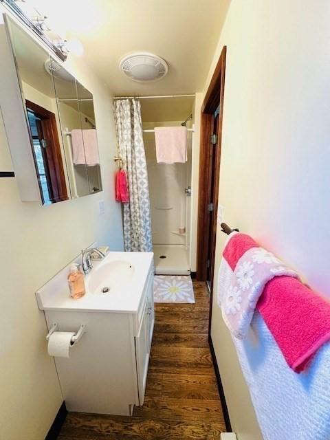 bathroom with a shower stall, wood finished floors, and vanity