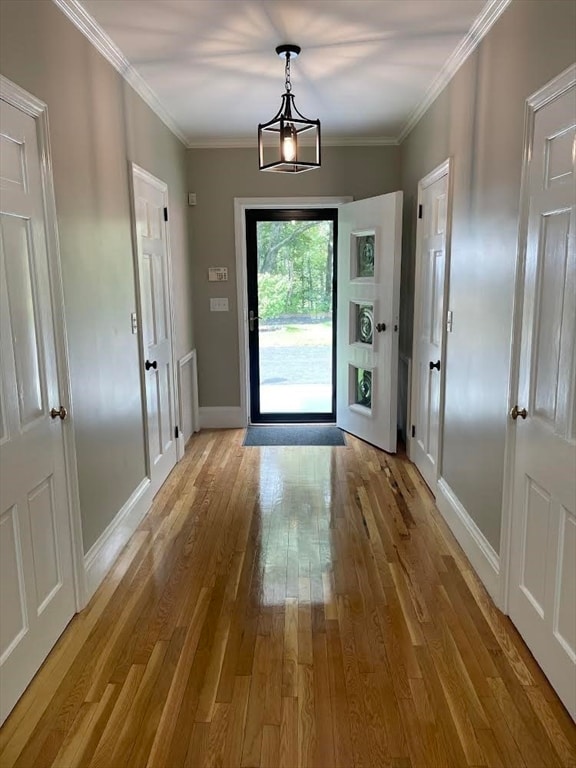 doorway to outside featuring ornamental molding and light wood-type flooring