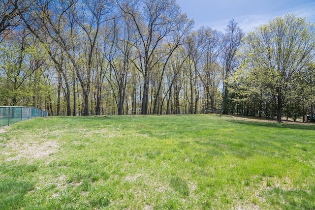 view of yard featuring a forest view