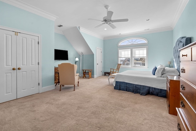 carpeted bedroom with crown molding and ceiling fan