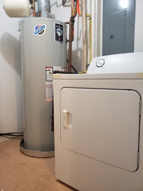 interior space featuring electric panel, water heater, and washer / clothes dryer