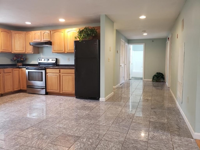 kitchen with black refrigerator and stainless steel range with electric cooktop