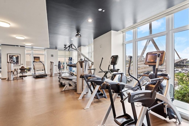 gym with floor to ceiling windows