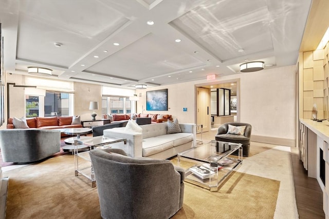 living area featuring beamed ceiling, baseboards, and coffered ceiling