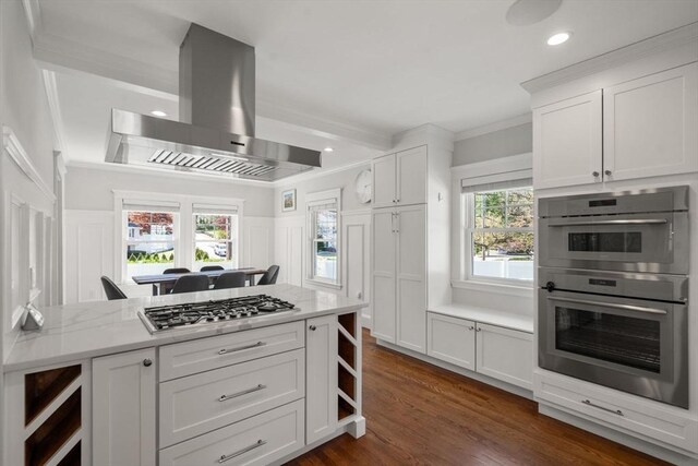 kitchen featuring crown molding, island range hood, dark wood-type flooring, white cabinets, and appliances with stainless steel finishes