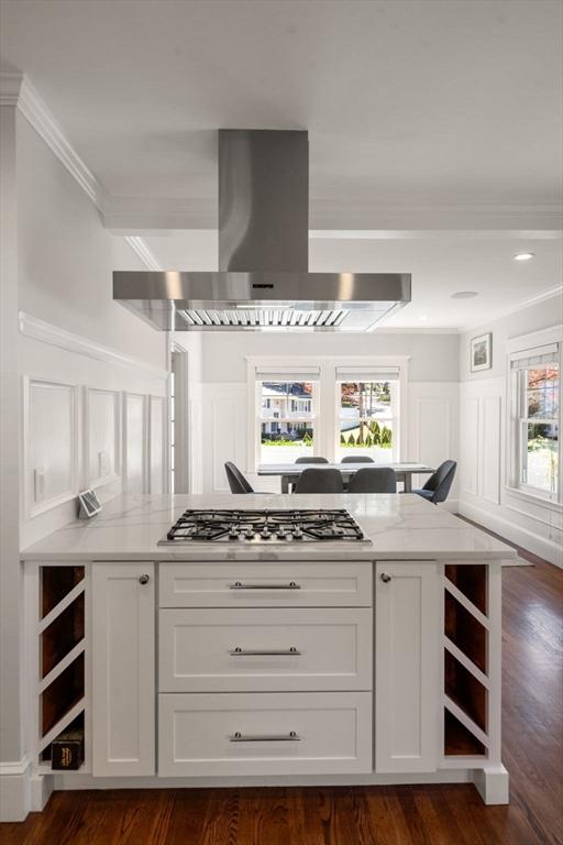 kitchen featuring stainless steel gas stovetop, crown molding, a decorative wall, and island exhaust hood