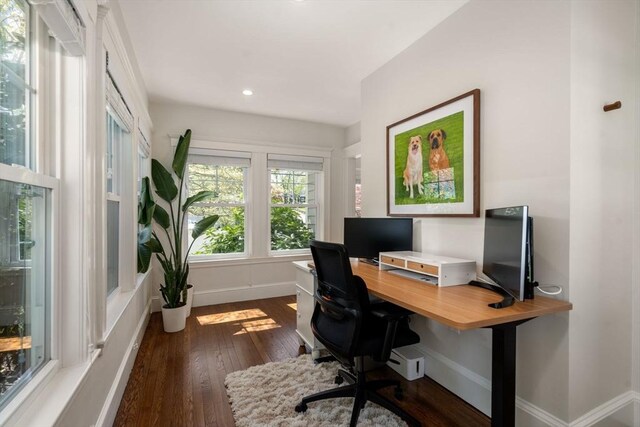 home office with recessed lighting, baseboards, and wood finished floors
