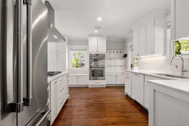 kitchen with plenty of natural light, ornamental molding, appliances with stainless steel finishes, and white cabinets
