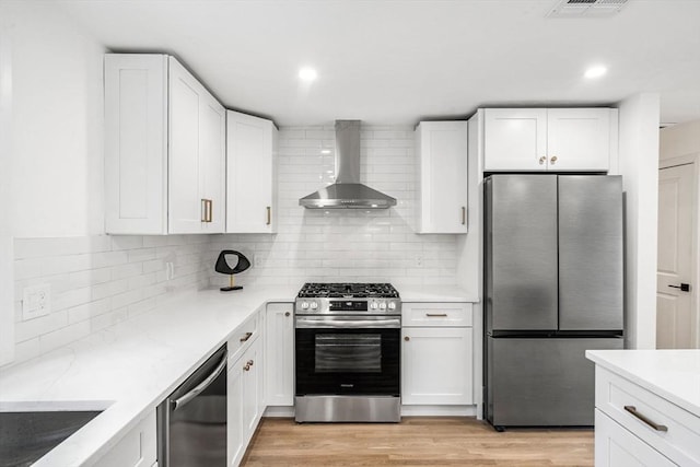 26 Parsons Dr, Swampscott, MA 01907 - kitchen featuring appliances with stainless steel finishes, wall chimney exhaust hood, white cabinetry, decorative backsplash, and recessed lighting