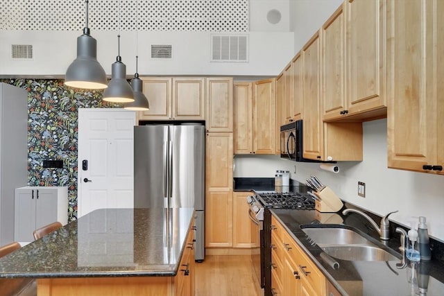 kitchen featuring visible vents, stainless steel appliances, and a sink