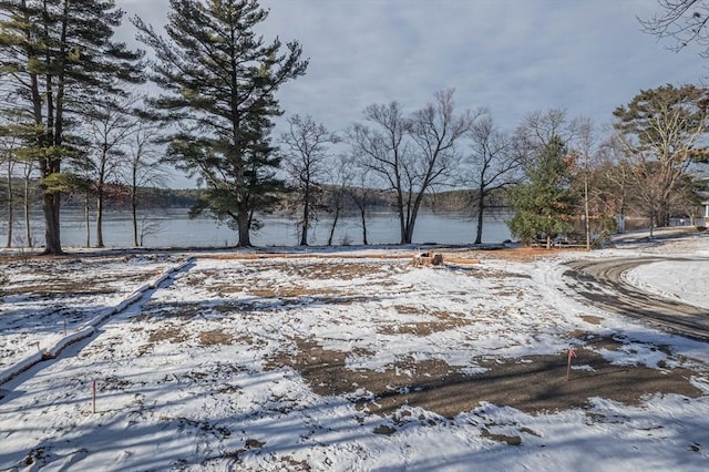 yard layered in snow with a water view