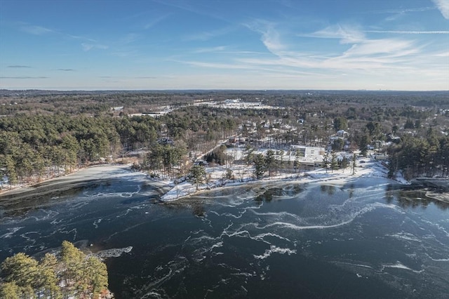 snowy aerial view with a water view