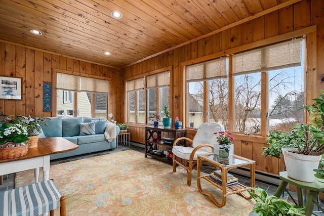 sunroom featuring wooden ceiling