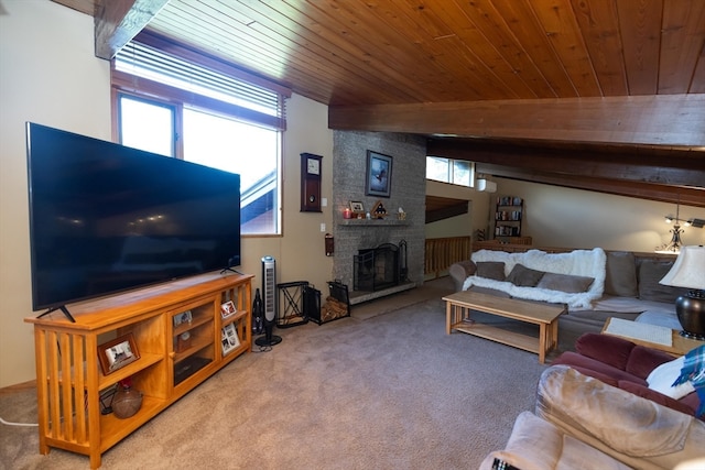 living room with plenty of natural light, a large fireplace, wooden ceiling, and carpet floors