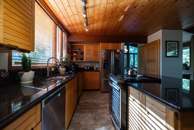 kitchen featuring rail lighting, sink, wood ceiling, and stainless steel appliances