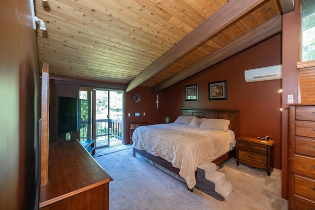 bedroom with vaulted ceiling with beams, an AC wall unit, access to outside, and wood ceiling