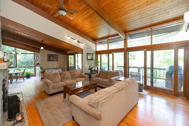 living room featuring lofted ceiling with beams, a healthy amount of sunlight, wood ceiling, and light hardwood / wood-style flooring