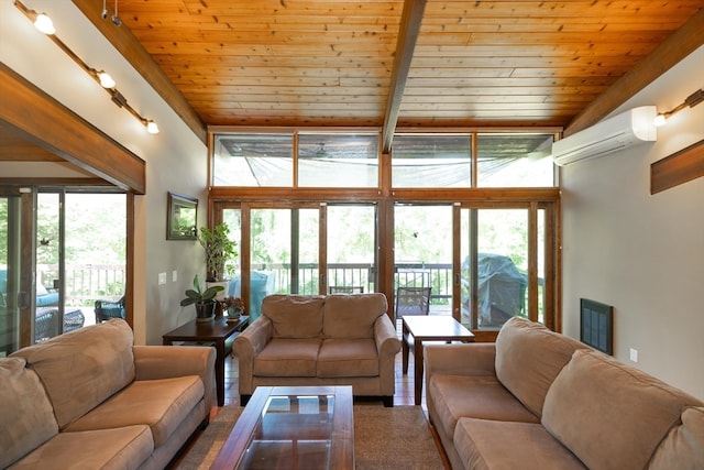 living room with a wall mounted AC, plenty of natural light, and wooden ceiling