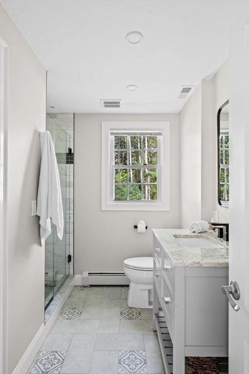 4 Rowley Rd, Topsfield, MA 01983 - bathroom featuring a baseboard radiator, vanity, a stall shower, and toilet