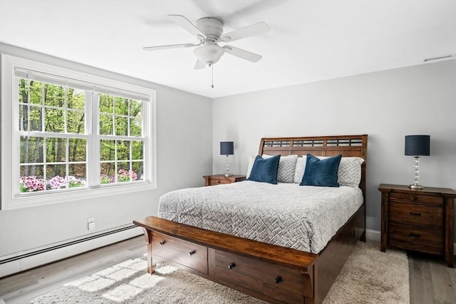 4 Rowley Rd, Topsfield, MA 01983 - bedroom with baseboard heating, light wood finished floors, a ceiling fan, and baseboards