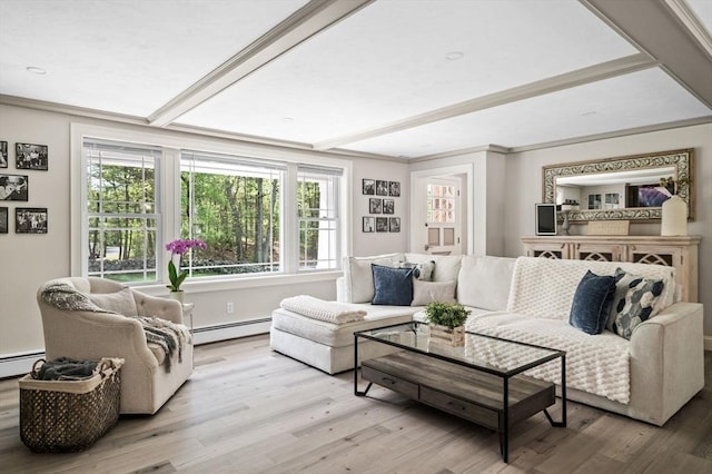 4 Rowley Rd, Topsfield, MA 01983 - living area featuring a baseboard radiator, wood finished floors, and beamed ceiling