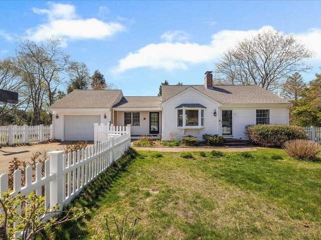 ranch-style house featuring concrete driveway, a chimney, a front yard, an attached garage, and fence