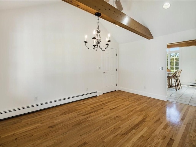 unfurnished dining area featuring a baseboard radiator, baseboards, wood finished floors, a notable chandelier, and vaulted ceiling with beams