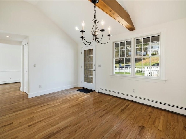 unfurnished dining area with a baseboard radiator, a chandelier, lofted ceiling with beams, baseboards, and wood finished floors